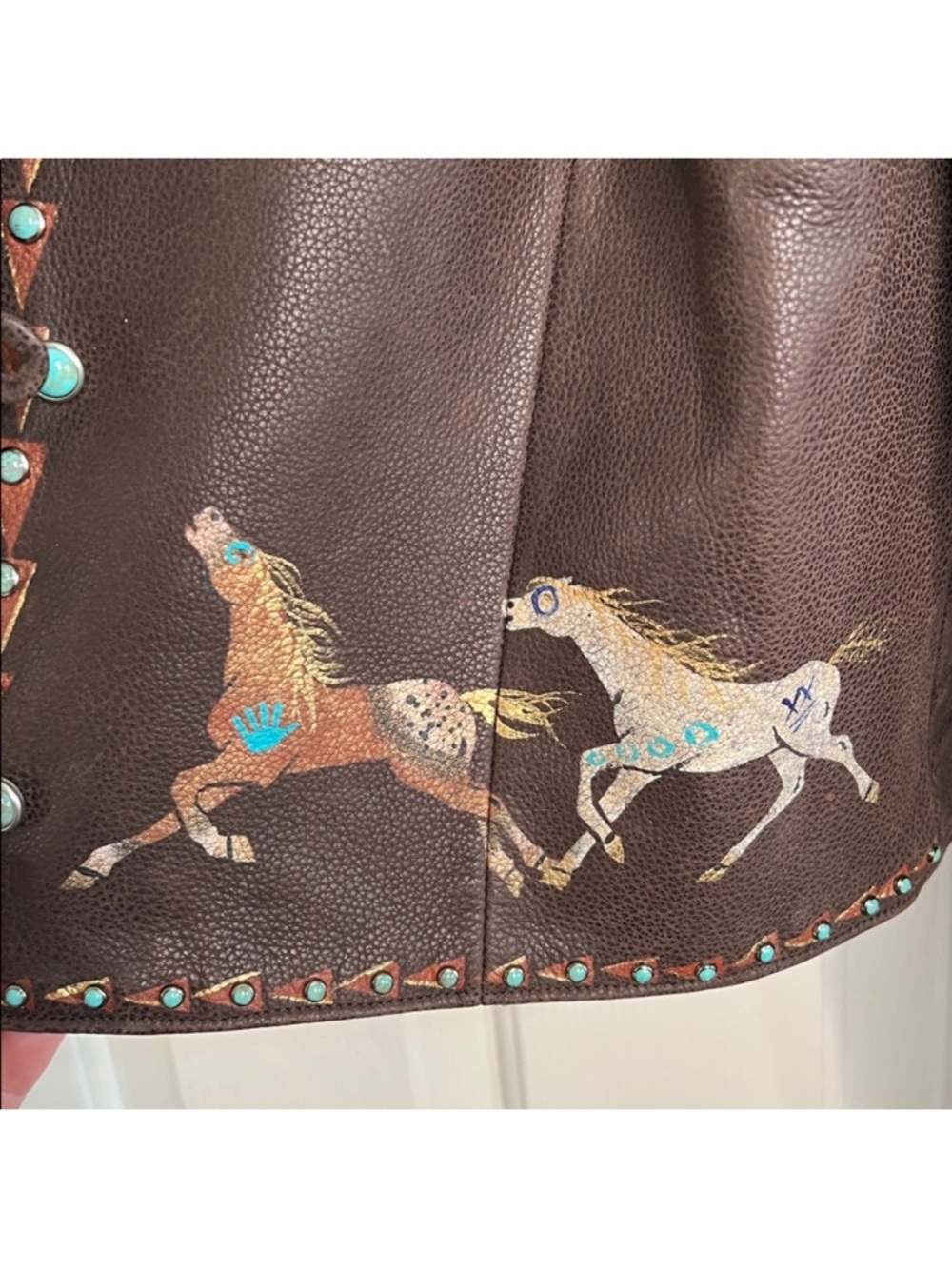 Patricia Wolf hand painted Indian ponies Leather Jacket Turquoise Studs L EUC - Picture 4 of 10